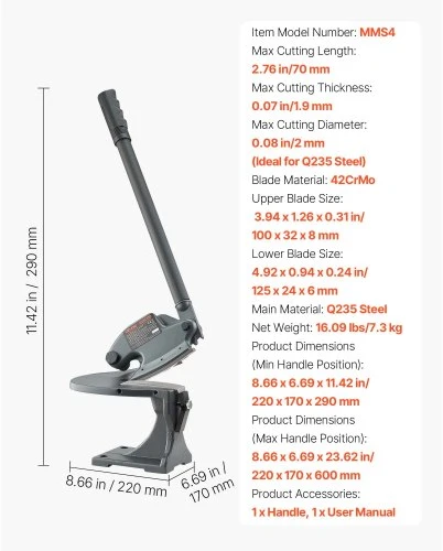 VEVOR Rankinė lakštinio metalo žirklė, stalinis throatless pjoviklis, maksimalus pjovimo storis 1,9 mm