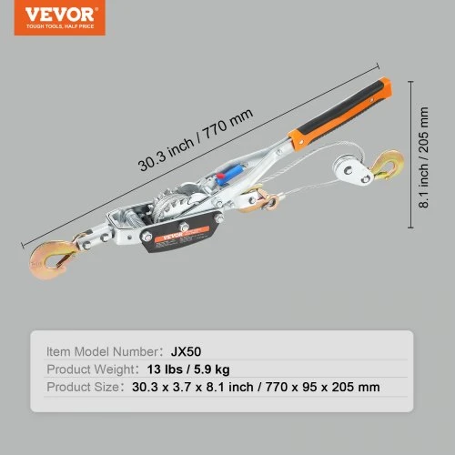 VEVOR Rankinė traukimo gervė, 5 t (5 000 kg), 3,5 m plieno trosas, 3 kabliai, dvigubos pavaros