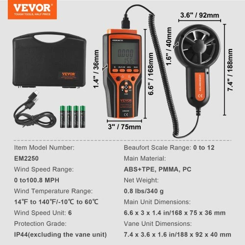 Koduva VEVOR rankinis anemometras, skaitmeninis vėjo greičio ir CFM matuoklis, 14℉–140℉, su LED foniniu apšvietimu