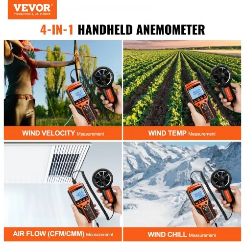 Koduva VEVOR rankinis anemometras, skaitmeninis vėjo greičio ir CFM matuoklis, 14℉–140℉, su LED foniniu apšvietimu