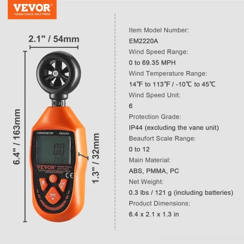 Koduva VEVOR rankinis anemometras, skaitmeninis vėjo greičio matuoklis su LED foniniu ekranu