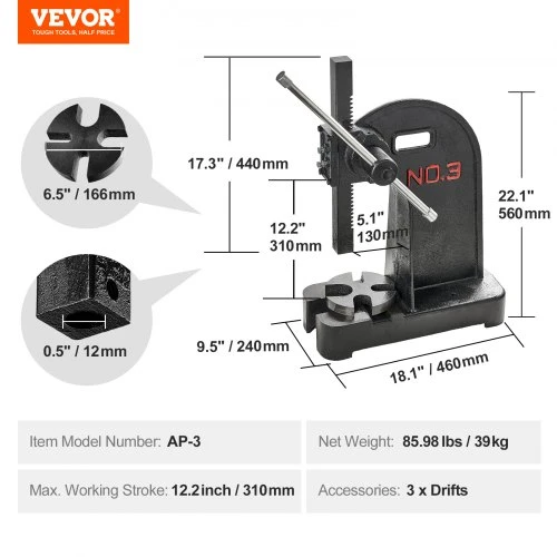 Koduva VEVOR rankinis arborinis presas, 3 t, 310 mm maksimalus aukštis
