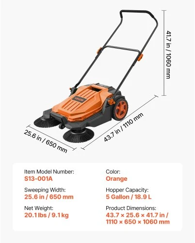 VEVOR Rankinis grindų šlavimo įrenginys, 650 mm šlavimo plotis, 18,9 l talpa, oranžinis