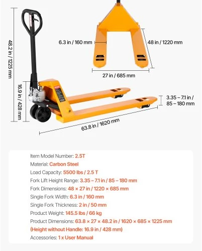 VEVOR Rankinis padėklų vežimėlis 2,5 t, 122 x 68,6 cm šakės, 85–180 mm kėlimo aukštis