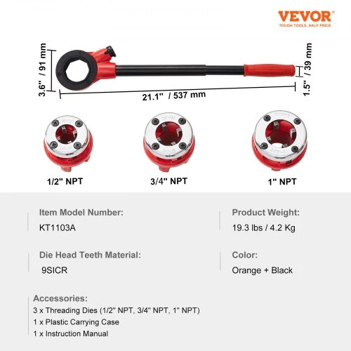 VEVOR Rankinis reketinis vamzdžių sriegiklis, 1/2" NPT, 3/4" NPT, 1" NPT, su 3 NPT pjovikliais