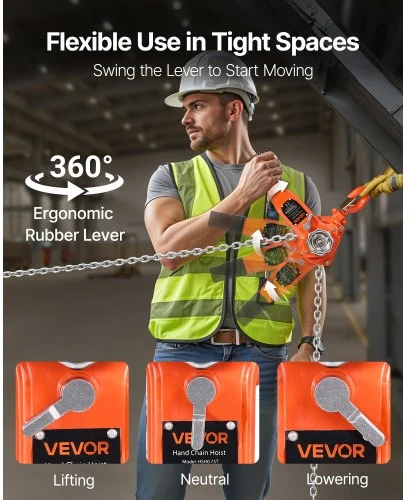 Koduva VEVOR rankinis sverto grandininis keltuvas, 3/4 t, 750 kg, 1,5 m, G80, su dvigubo spragtuko mechaniniu stabdžiu