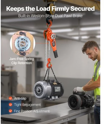 Koduva VEVOR rankinis sverto grandininis keltuvas, 3/4 t, 750 kg, 1,5 m, G80, su dvigubo spragtuko mechaniniu stabdžiu