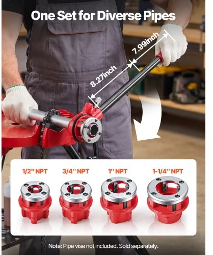 VEVOR Rankinis vamzdžių sriegiklis su 4 sriegikliais, 1/2" NPT, 3/4" NPT, 1" NPT, 1-1/4" NPT