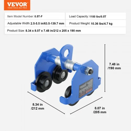 Koduva VEVOR rankinis vežimėlis, 1100 lbs/0,5 t keliamoji galia, reguliuojamas I sijos flanšui 63,5–139,7 mm