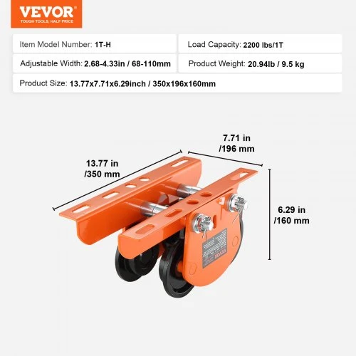 Koduva VEVOR rankinis vežimėlis elektriniam keltuvui, 998 kg, 6,8–11 cm
