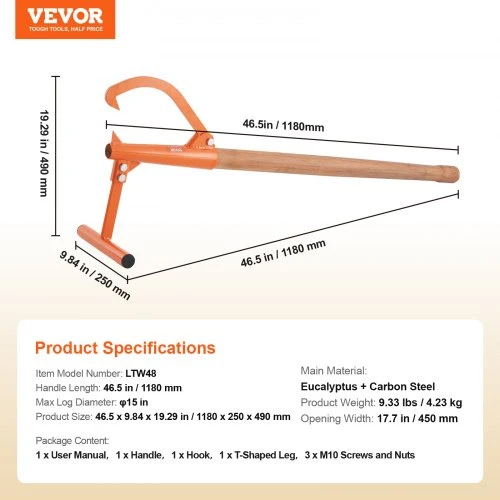 Koduva VEVOR rąstų keltuvas LTW48, 118 cm, su medine rankena