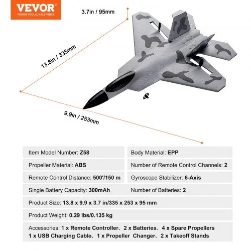 VEVOR RC lėktuvas, 2 kanalų 2,4 GHz radijo bangomis valdomas naikintuvo modelis su 6 ašių giroskopu, 2 baterijos