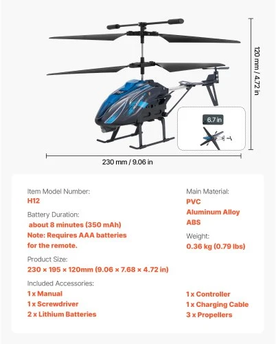 VEVOR RC sraigtasparnis, 2,4 GHz, 3,5 kanalo, 16 min skrydžio laikas, su aukščio palaikymu ir LED šviesomis