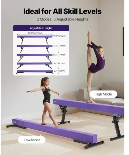 VEVOR Reguliuojama gimnastikos balansinė sija vaikams, 8 pėdų, violetinė