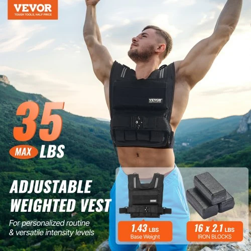 VEVOR Reguliuojama svertinė liemenė, 35 lb, su geležiniais svoriais, pečių pagalvėlėmis ir atspindinčia juosta