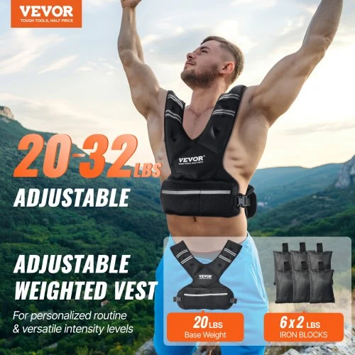 VEVOR Reguliuojama svorinė liemenė, 20–32 lb, su 6 geležies užpildais ir atšvaitine juosta