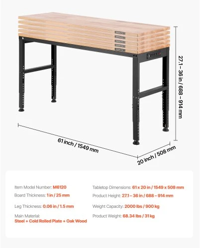 VEVOR Reguliuojamas darbastalis, 155 x 51 cm, 68,8–91,4 cm aukščio reguliavimas, su maitinimo lizdais