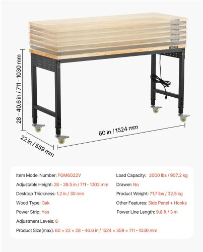 VEVOR Reguliuojamas darbo stalas 1524 mm, 907 kg, su elektros lizdu, ratukais ir pegboard