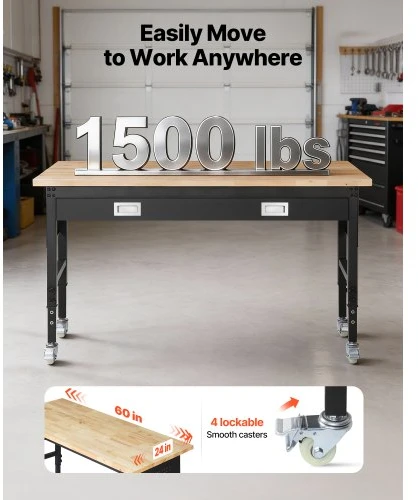 VEVOR Reguliuojamas darbo stalas, 1524 mm, 680 kg, su stalčiumi, lizdu, ratukais ir perforuota plokšte