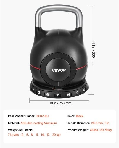 VEVOR Reguliuojamas kettlebell, juodas, 7 svorio lygiai, K002-EU