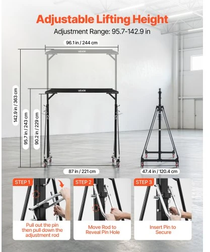 Koduva VEVOR reguliuojamas portalinis kranas, 997,9kg, 2430–3630 mm, su fiksuojamais ratais, plieno, rėmas