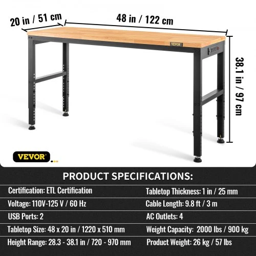 Koduva VEVOR reguliuojamo aukščio darbastalis 121,9 x 50,8 cm su elektros lizdu
