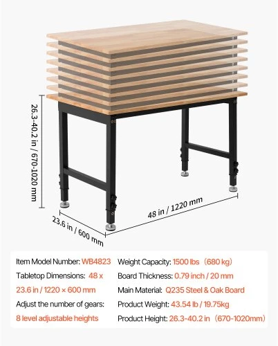 VEVOR Reguliuojamo aukščio darbastalis, 680 kg, 122 x 60 cm, ąžuolo stalviršis