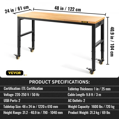 VEVOR Reguliuojamo aukščio darbo stalas, 122 x 61 cm, 79–104 cm, 720 kg, su rozetėmis