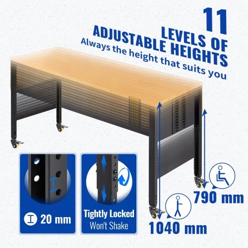 VEVOR Reguliuojamo aukščio darbo stalas, 122 x 61 cm, 79–104 cm, 720 kg, su rozetėmis