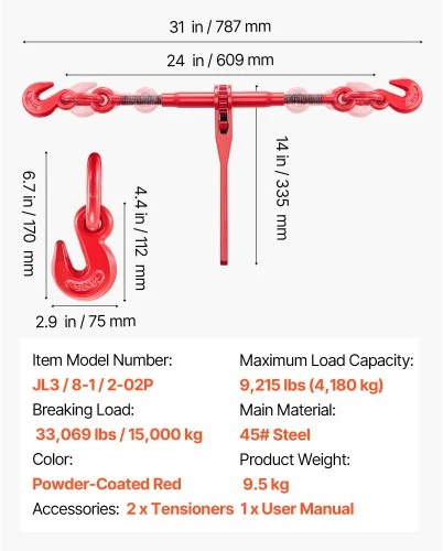 VEVOR Reketiniai grandinės įtempikliai 9215 lbs 3/8"–1/2", 2 vnt., raudoni