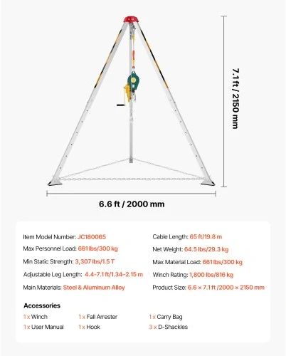 Koduva VEVOR ribotoje erdvėje naudojamas trikojis rinkinys, 816 kg gervė, 1,25 m reguliuojamos kojos, 19,8 m lynas