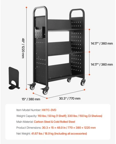 VEVOR Riedantis bibliotekos knygų vežimėlis, 150 kg, 77 x 38 x 122 cm, juodas
