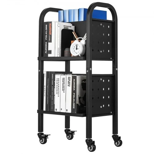 Koduva VEVOR riedantis bibliotekos knygų vežimėlis, 70 kg, 45 x 33 x 88 cm, dvipusės L formos lentynos, juodas