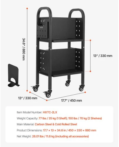 Koduva VEVOR riedantis bibliotekos knygų vežimėlis, 70 kg, 45 x 33 x 88 cm, dvipusės L formos lentynos, juodas