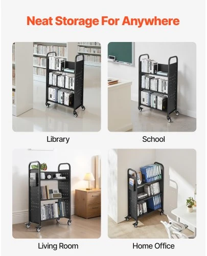VEVOR Riedantis bibliotekos knygų vežimėlis, 150 kg, 77 x 38 x 122 cm, juodas