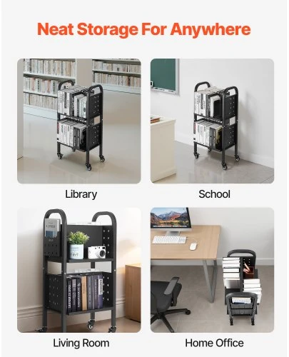 Koduva VEVOR riedantis bibliotekos knygų vežimėlis, 70 kg, 45 x 33 x 88 cm, dvipusės L formos lentynos, juodas