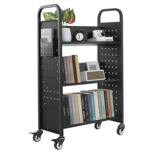 VEVOR Riedantis bibliotekos knygų vežimėlis, 150 kg, 77 x 38 x 122 cm, juodas