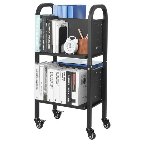 Koduva VEVOR riedantis bibliotekos knygų vežimėlis, 70 kg, 45 x 33 x 88 cm, dvipusės L formos lentynos, juodas