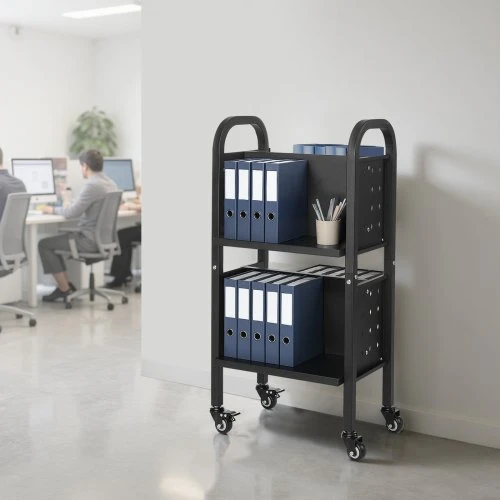 Koduva VEVOR riedantis bibliotekos knygų vežimėlis, 70 kg, 45 x 33 x 88 cm, dvipusės L formos lentynos, juodas