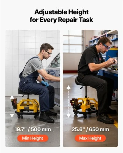 VEVOR Riedantis dirbtuvių krėslas su ratukais, 500–650 mm reguliuojamas aukštis, 360° pasukamas, 150 kg, su atlošu
