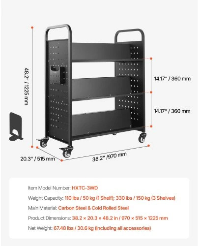 Koduva VEVOR riedantis knygų vežimėlis, 150 kg, 97 x 51,5 x 122,5 cm, dvipusės W formos lentynos, juodas