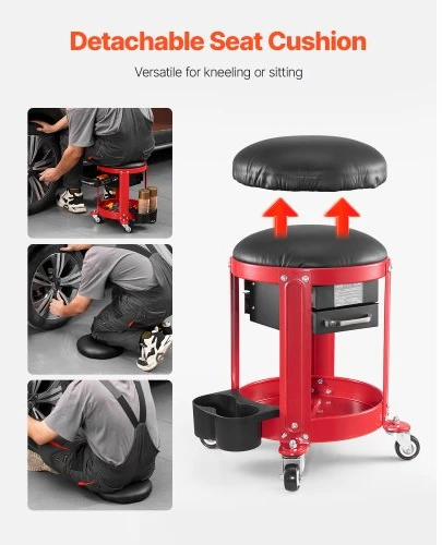 VEVOR Riedantis mechaniko kėdutė su ratukais, su įrankių padėklu ir 2 stalčiais, raudona ir juoda