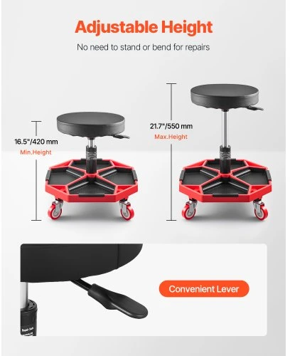 VEVOR Riedantis mechaniko krėslas su ratukais, 300 lbs, reguliuojamas aukštis 16.5–21.7 in, juoda+raudona