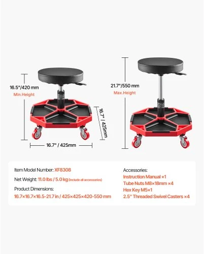 VEVOR Riedantis mechaniko krėslas su ratukais, 300 lbs, reguliuojamas aukštis 16.5–21.7 in, juoda+raudona