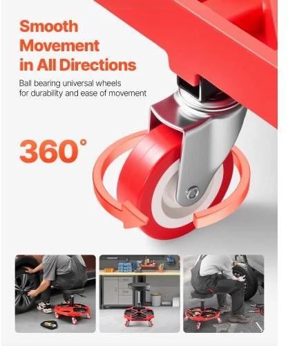 VEVOR Riedantis mechaniko krėslas su ratukais, 300 lbs, reguliuojamas aukštis 16.5–21.7 in, juoda+raudona