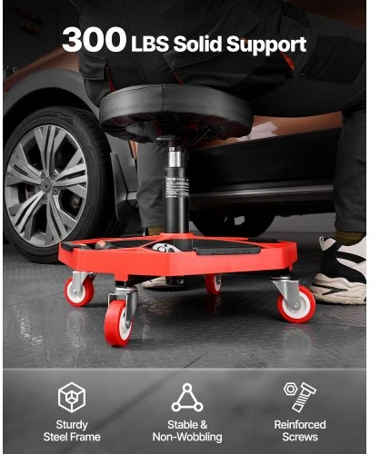 VEVOR Riedantis mechaniko krėslas su ratukais, 300 lbs, reguliuojamas aukštis 16.5–21.7 in, juoda+raudona