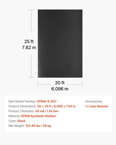 Koduva VEVOR ritininė stogo danga, 20 x 25 ft, 45 mil EPDM guminė danga