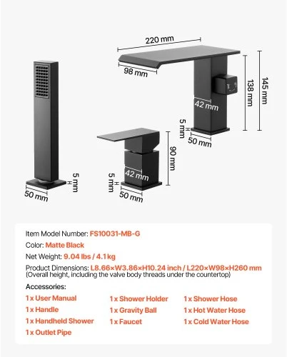 VEVOR Romėniškas vonios maišytuvas, matinis juodas, FS10031-MB-G