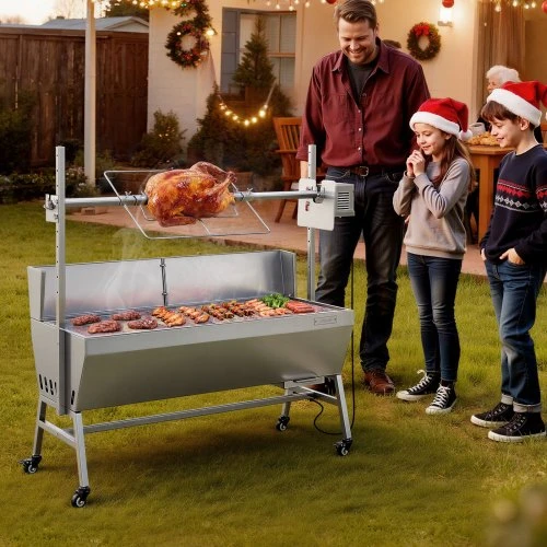 VEVOR Rotacinis grilis, 38 W, 60 kg, su ratukais ir 4 aukščio lygiais
