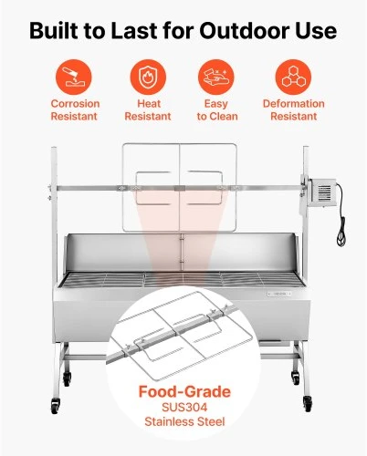 VEVOR Rotacinis grilis, 38 W, 60 kg, su ratukais ir 4 aukščio lygiais